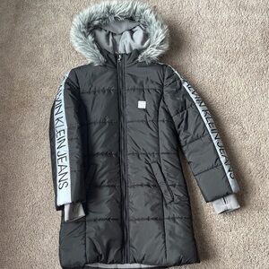 Calvin Klein Jeans Gray Puffer Coat with Faux Fur Hood